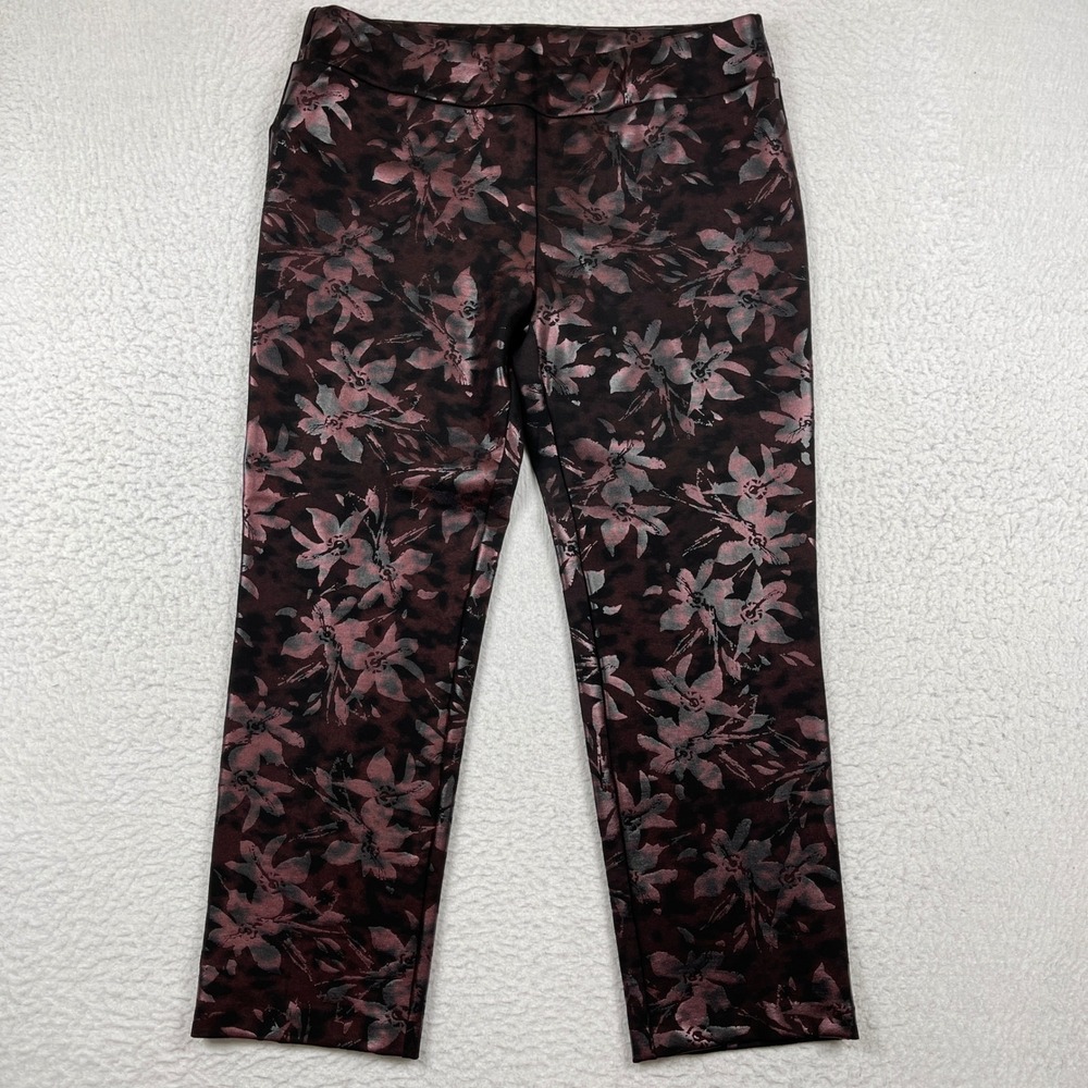 Soft Surroundings Floral Pants Women 16P Burgundy Metallic Leopard Pull On Ankle